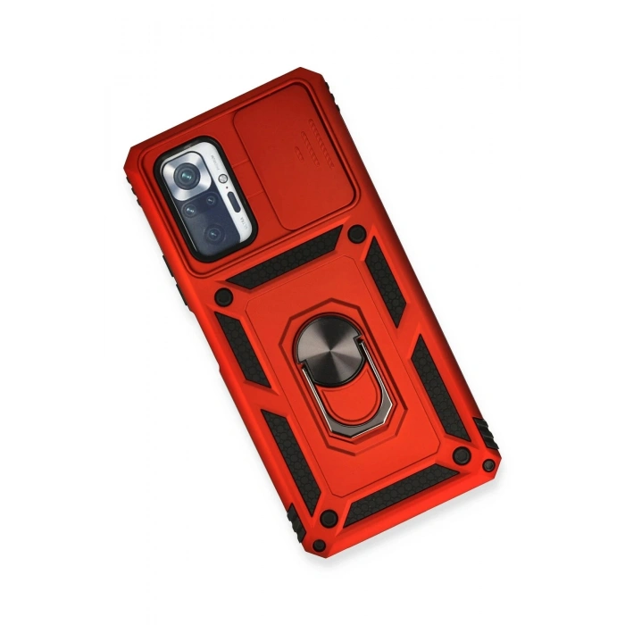 Durukar®   Redmi Note 10 Pro Kılıf Pars Lens Yüzüklü Silikon - Kırmızı