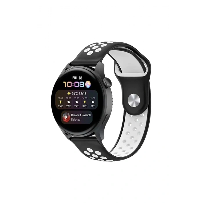 Durukar®  Watch 22mm Spor Delikli Kordon - Siyah-Beyaz