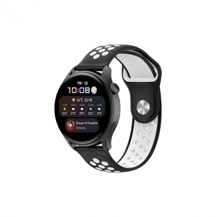 Durukar®  Watch 22mm Spor Delikli Kordon - Siyah-Beyaz