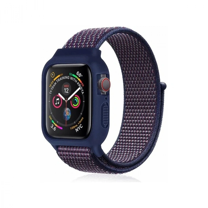 Durukar®   Watch 38mm Hasırlı Cırtcırtlı Kasalı Kordon - Lacivert-Mürdüm