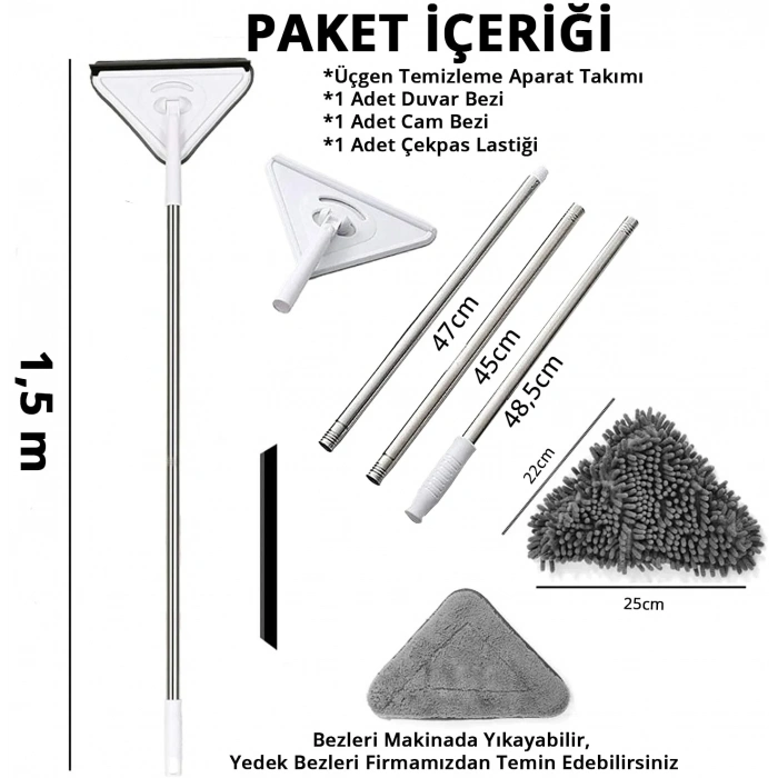 Mikrofiber Üçgen Mop 150 Cm Duvar Tavan Temizleyici