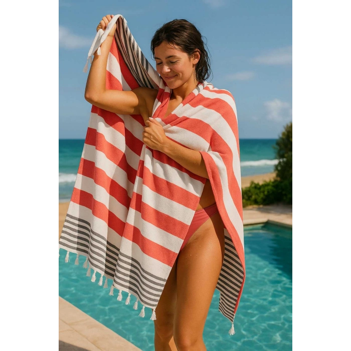 Mimoza Unisex Peştemal Plaj Havlusu 100x180 Cm %100 Pamuklu Soft Kırmızı-Siyah