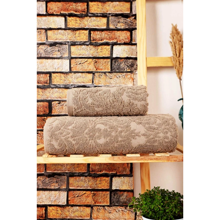 Mira Home 2 Parça Jakarlı Banyo Havlu Takımı Doku Desen Kahve