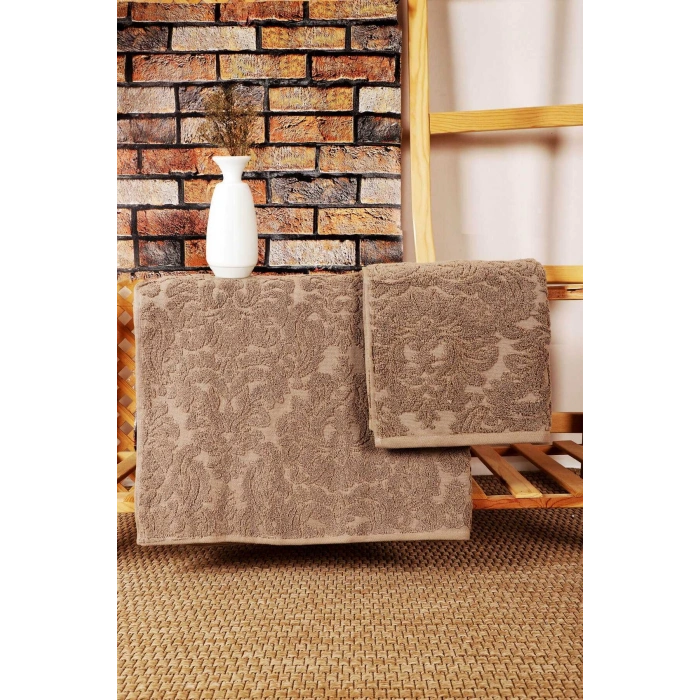 Mira Home 2 Parça Jakarlı Banyo Havlu Takımı Doku Desen Kahve