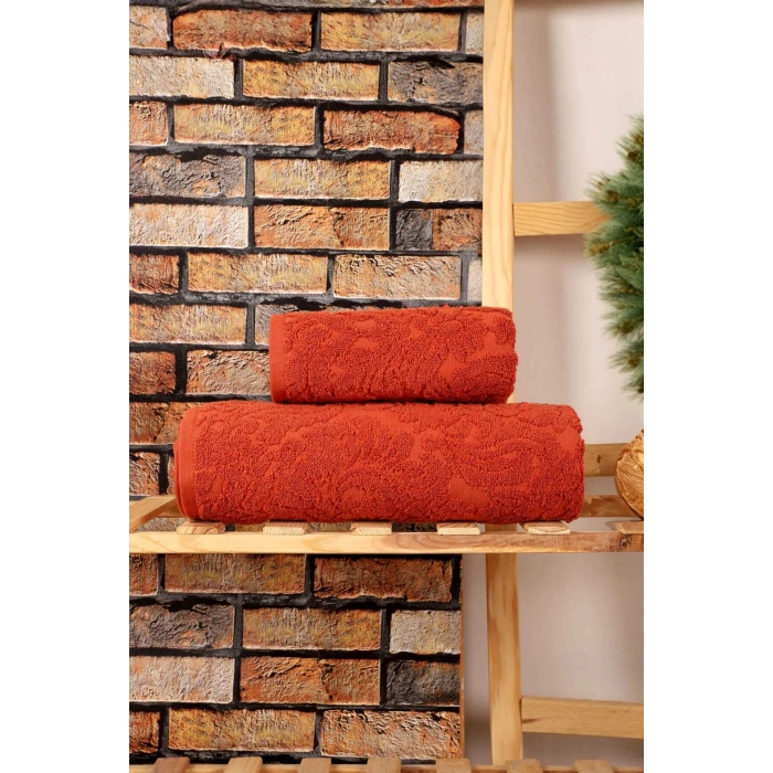 Mira Home 2 Parça Jakarlı Banyo Havlu Takımı Doku Desen Kiremit