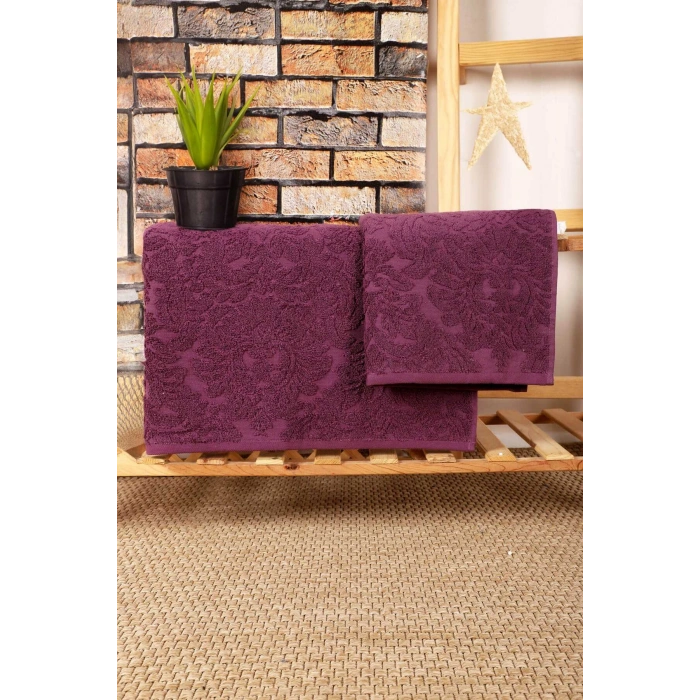 Mira Home 2 Parça Jakarlı Banyo Havlu Takımı Doku Desen Mor