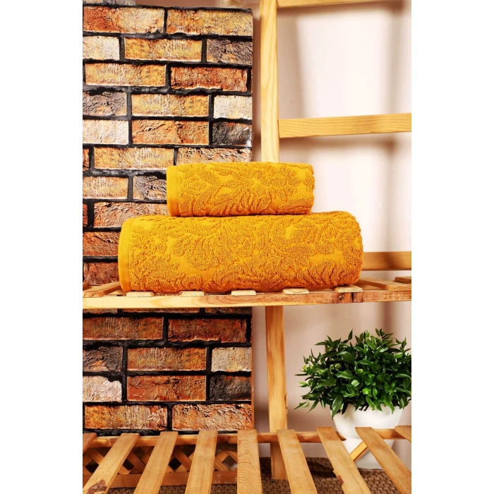 Mira Home 2 Parça Jakarlı Banyo Havlu Takımı Doku Desen Sarı