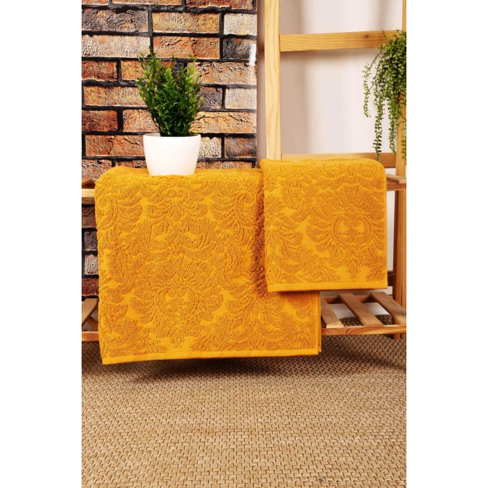 Mira Home 2 Parça Jakarlı Banyo Havlu Takımı Doku Desen Sarı