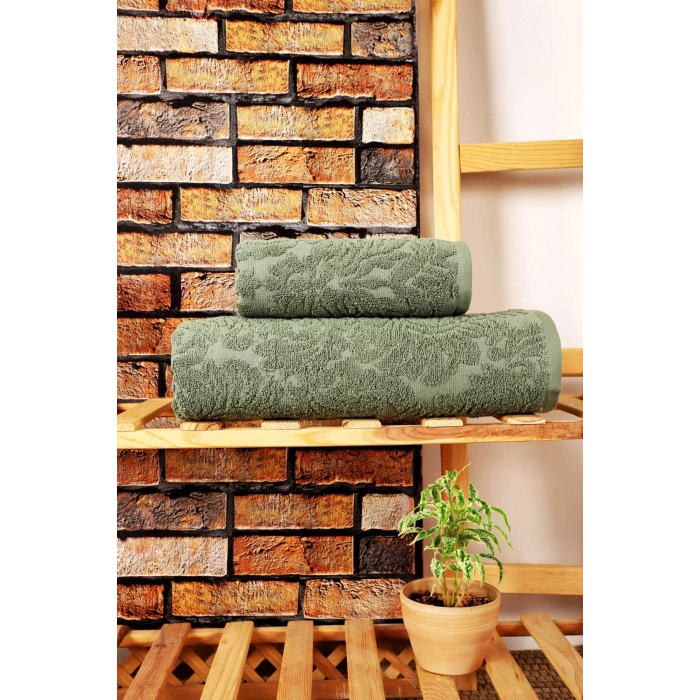 Mira Home 2 Parça Jakarlı Banyo Havlu Takımı Doku Desen Yeşil