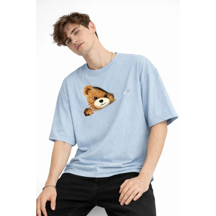 MN - Bear Baskılı Oversize Tişört AÇIK MAVİ