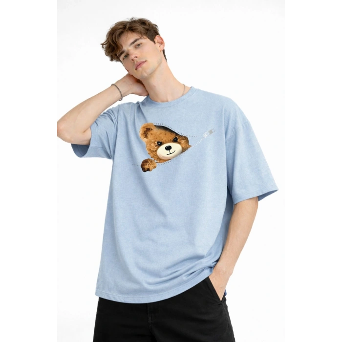 MN - Bear Baskılı Oversize Tişört AÇIK MAVİ