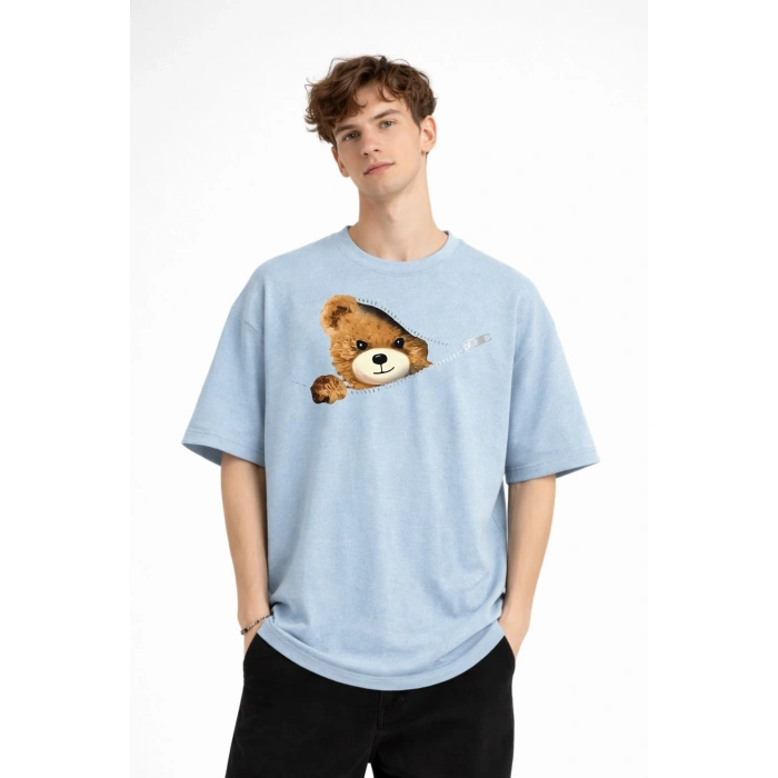 MN - Bear Baskılı Oversize Tişört AÇIK MAVİ