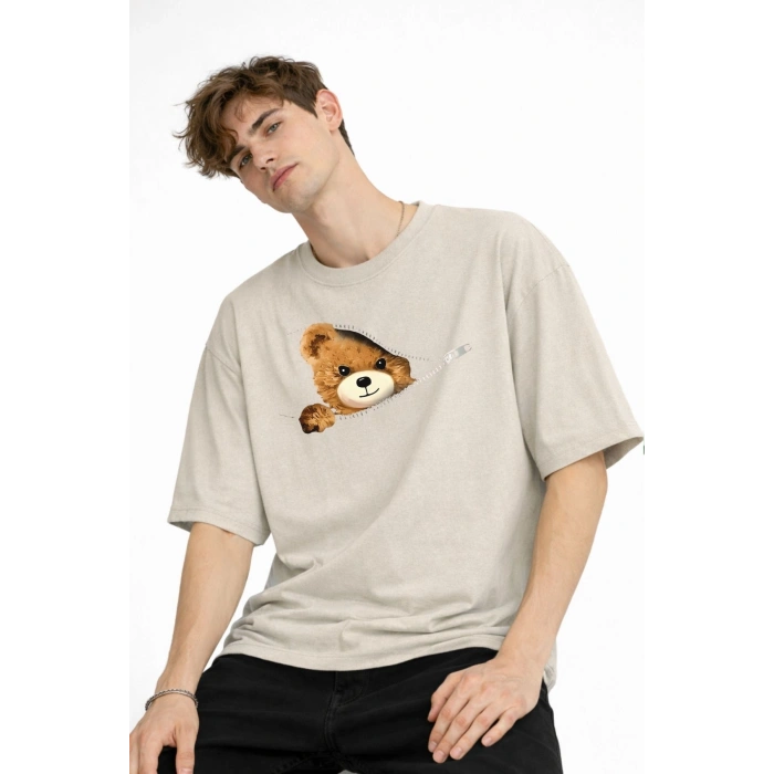 MN - Bear Baskılı Oversize Tişört BEJ