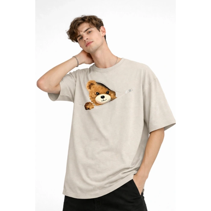 MN - Bear Baskılı Oversize Tişört BEJ