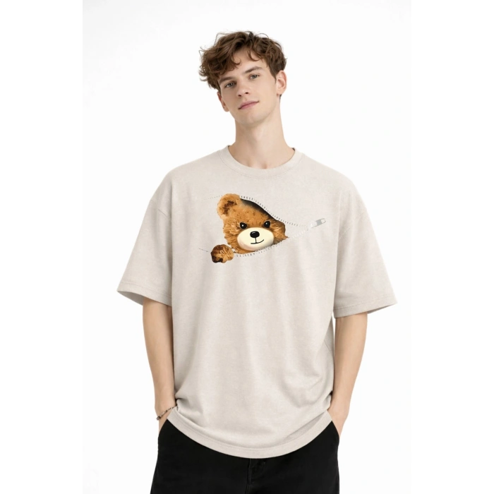 MN - Bear Baskılı Oversize Tişört BEJ