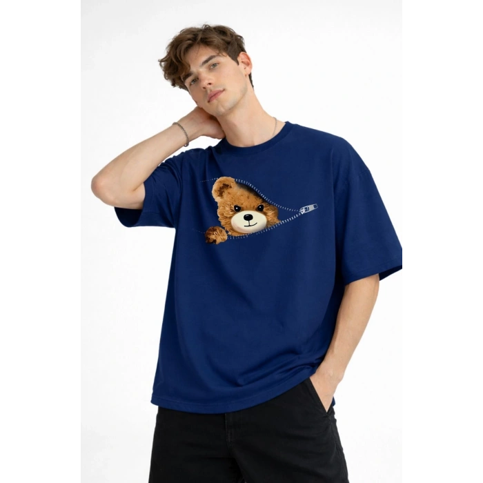 MN - Bear Baskılı Oversize Tişört LACIVERT