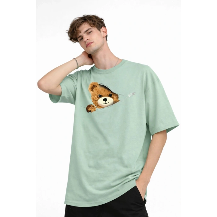 MN - Bear Baskılı Oversize Tişört SU YESILI