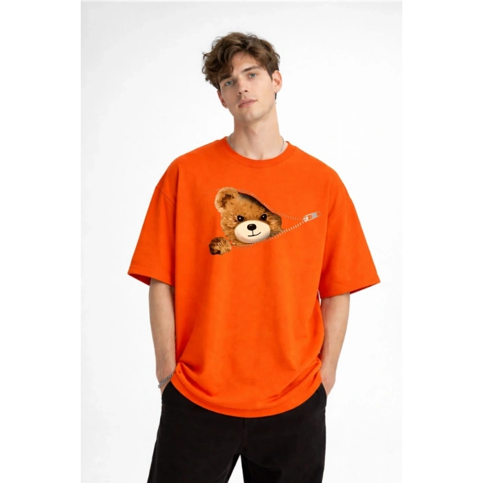 MN - Bear Baskılı Oversize Tişört TURUNCU