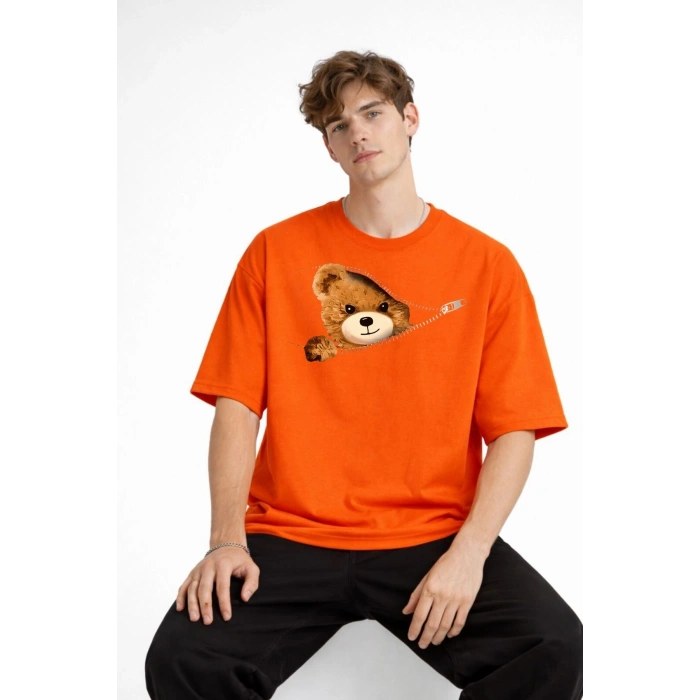 MN - Bear Baskılı Oversize Tişört TURUNCU