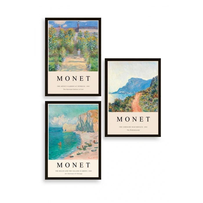 Monet Üçlü Ahşap Çerçeveli Tablo 40 x 60