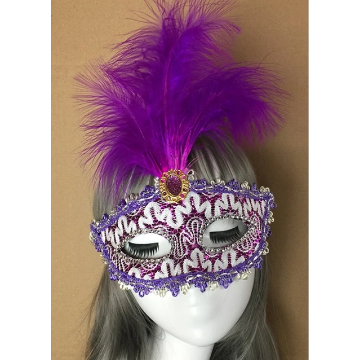 Purple Lace Embroidered Purple Feathered Ball Party Mask
