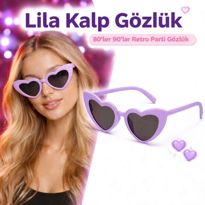 Mor Lila Retro Kalp Gözlük – 80’ler 90’lar Stil Parti Gözlüğü (5365)