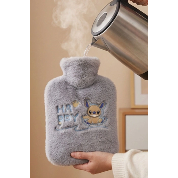 Mutlu Robot Hayvan Figürlü Gri Peluş Sıcak Su Torbası 1 Lt – Yumuşak Kılıf, Uzun Süre Sıcak Tutan Termal Su Torbası
