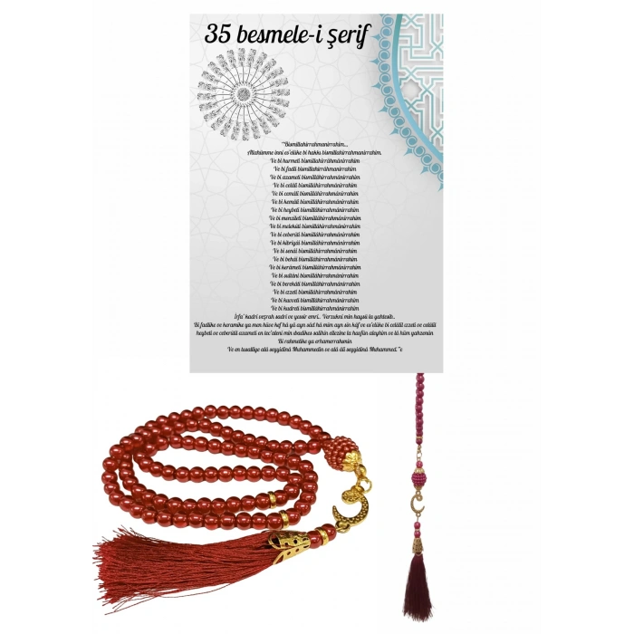 Namaz Tesbihi Vavlı 99lu Cam İncili 35 Besmele-i Şerif Dua Kartı İle Fuşya Renk Hediyelik