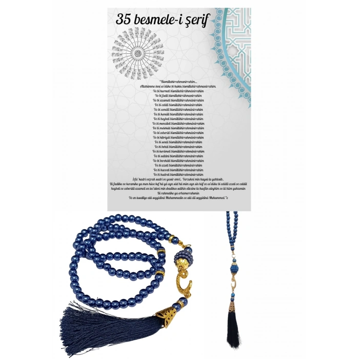 Namaz Tesbihi Vavlı 99lu Cam İncili 35 Besmele-i Şerif Dua Kartı İle Lacivert Renk Hediyelik