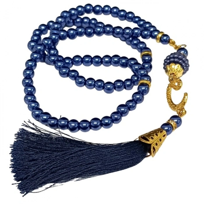 Namaz Tesbihi Vavlı 99lu Cam İncili 35 Besmele-i Şerif Dua Kartı İle Lacivert Renk Hediyelik