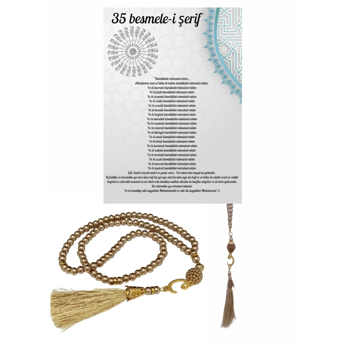 Namaz Tesbihi Vavlı 99lu Cam İncili 35 Besmele-i Şerif Dua Kartı İle Süt Kahve Renk Hediyelik