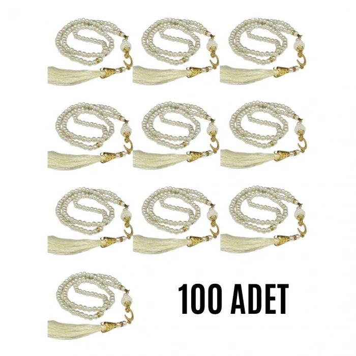 Namaz Tesbihi Vavlı 99lu Cam İncili Amenerrasulü Dua Kartı İle Krem Renk Hediyelik 100 Adet