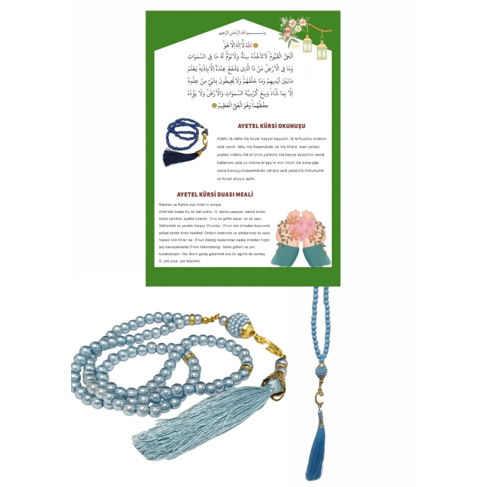 Namaz Tesbihi Vavlı 99lu Cam İncili Ayet-el Kürsi Dua Kartı İle Mavi Renk Hediyelik