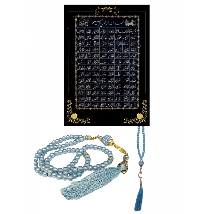 Namaz Tesbihi Vavlı 99lu Cam İncili Esmaul Hüsna Dua Kartı İle Mavi Renk Hediyelik