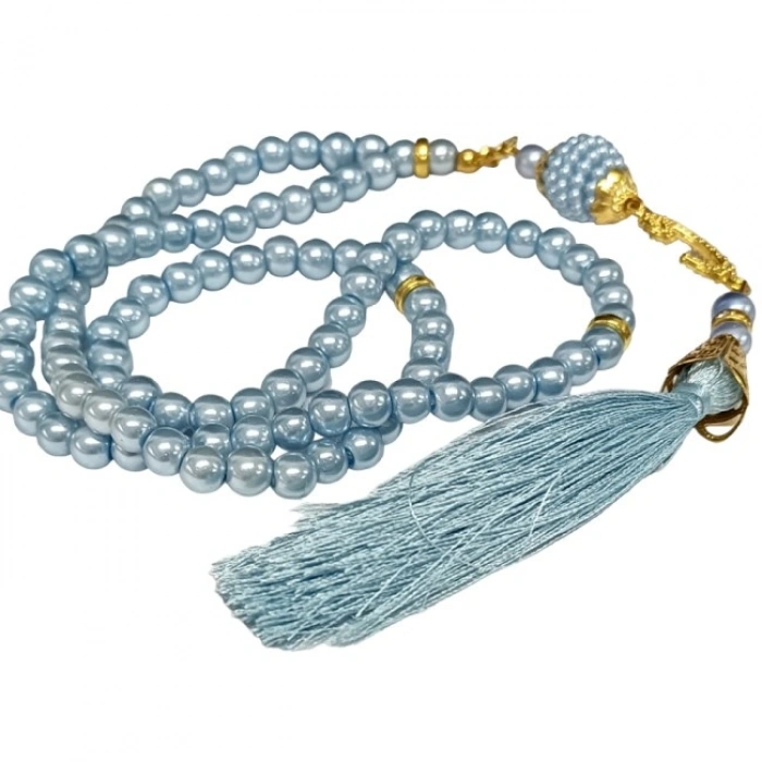 Namaz Tesbihi Vavlı 99lu Cam İncili Esmaul Hüsna Dua Kartı İle Mavi Renk Hediyelik