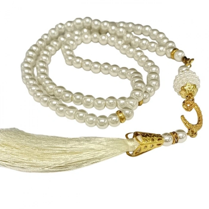 Namaz Tesbihi Vavlı 99lu Cam İncili İsmi Azam Dua Kartı İle Krem Renk Hediyelik