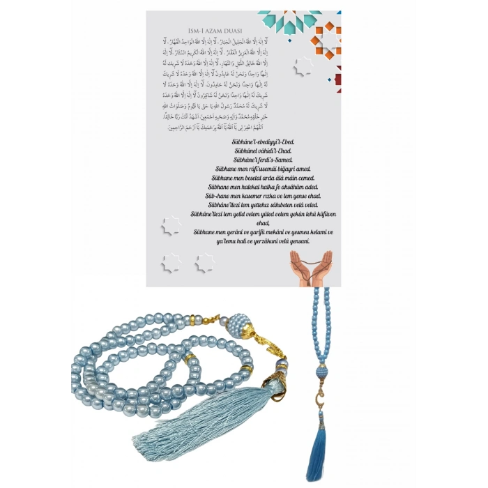 Namaz Tesbihi Vavlı 99lu Cam İncili İsmi Azam Dua Kartı İle Mavi Renk Hediyelik