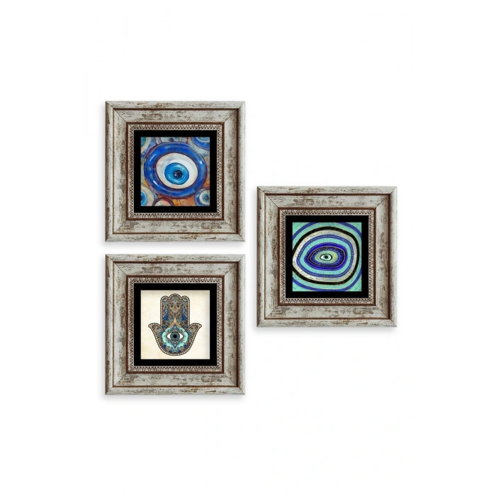 Nazar 3 lü Set Çerçeveli Taş Tablo 20 cm