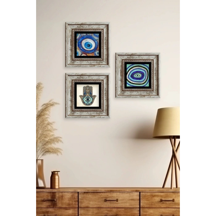 Nazar 3 lü Set Çerçeveli Taş Tablo 20 cm