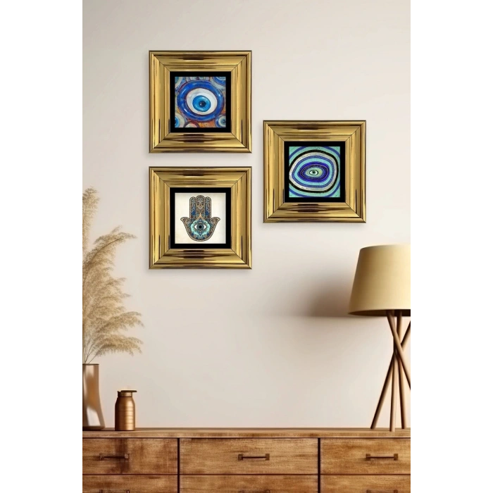 Nazar 3 lü Set Çerçeveli Taş Tablo 20 cm