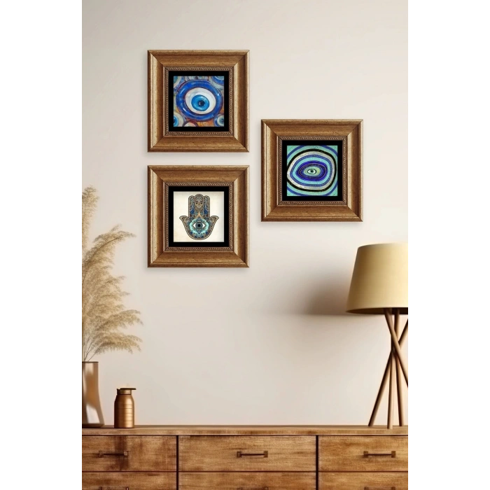 Nazar 3 lü Set Çerçeveli Taş Tablo 20 cm