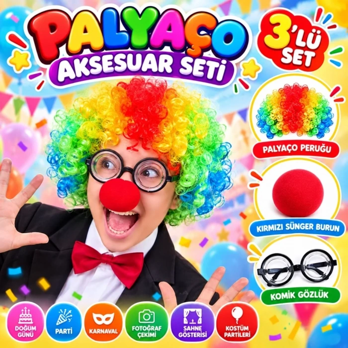 Neşeli Palyaço Aksesuar Seti 3lü - Peruk Burun Gözlük