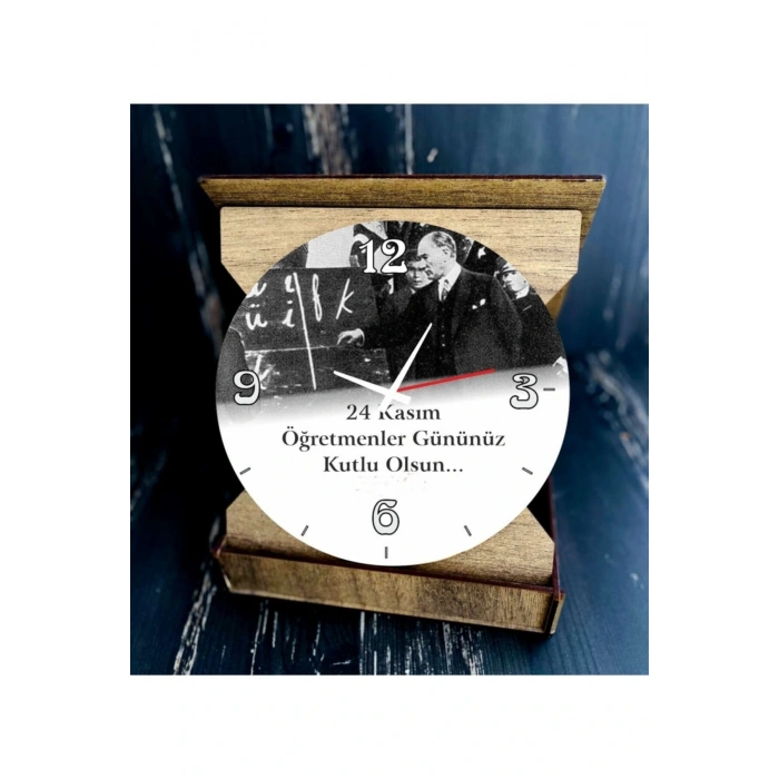 Öğretmenler Günü Atatürk Resimli Ahşap Dekor I Karikatürlü Masa Saati