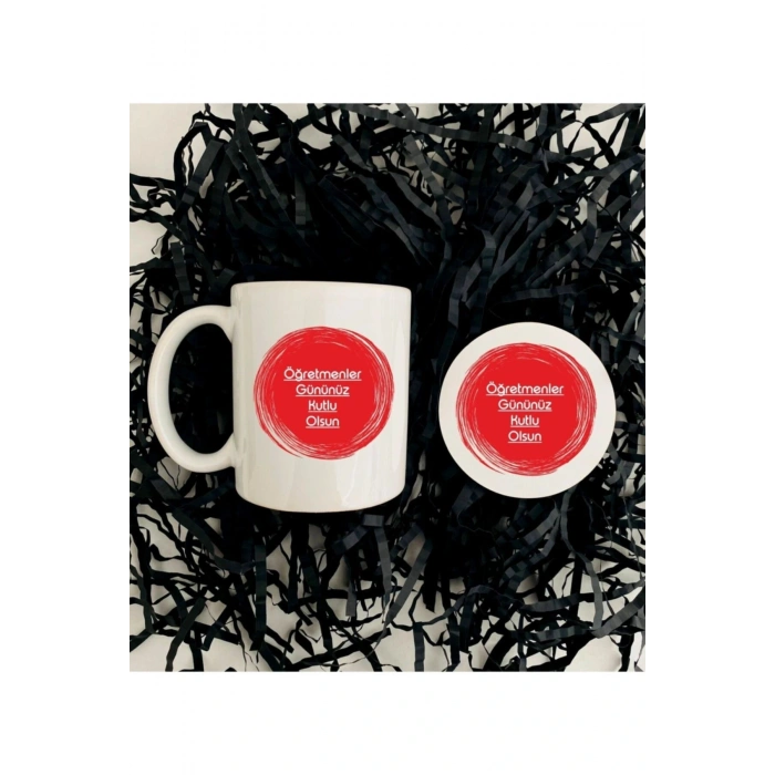 Öğretmenler Günü Kupa ve Ahşap Bardak Altlığı Seti -Kırmızı