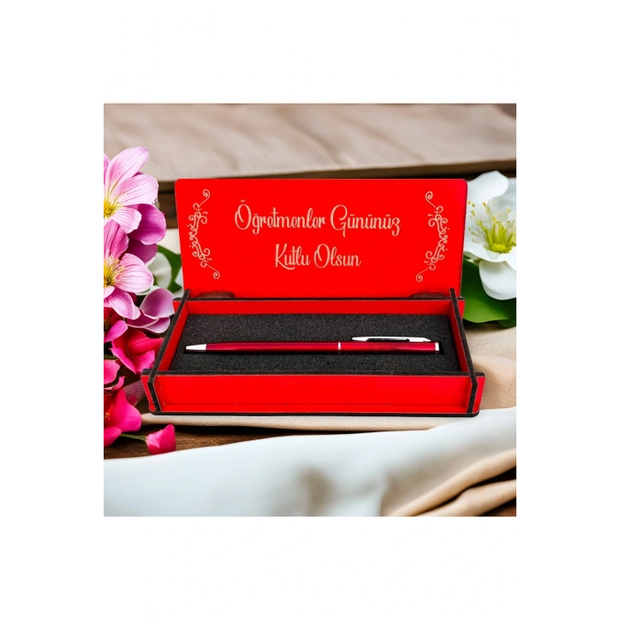 Öğretmenler Günü Tasarımlı Ahşap Kalem Kutusu - Kırmızı