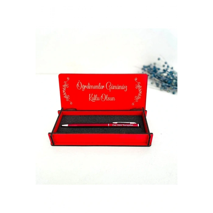 Öğretmenler Günü Tasarımlı Ahşap Kalem Kutusu - Kırmızı