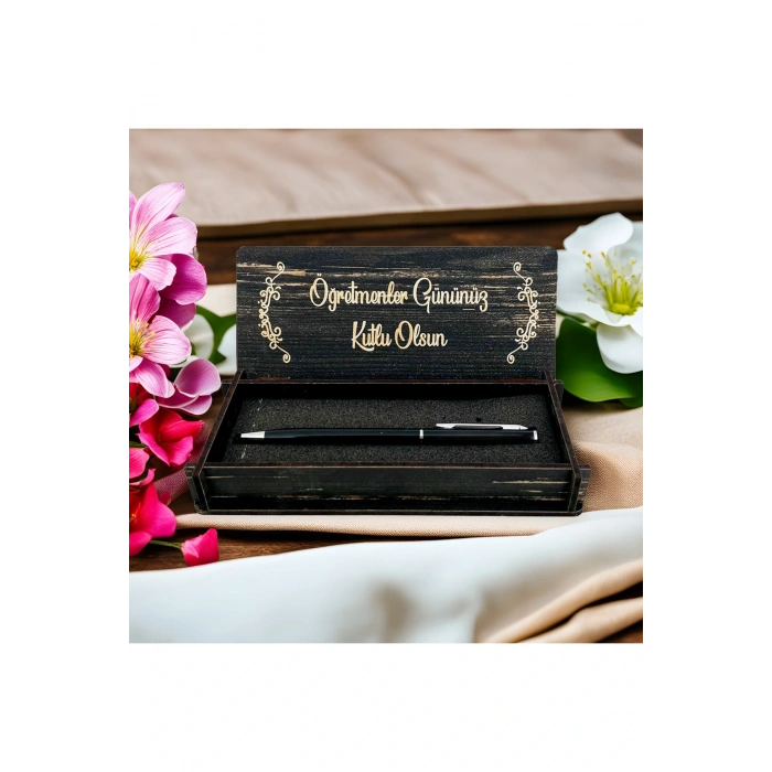 Öğretmenler Günü Tasarımlı Ahşap Kalem Kutusu - Siyah