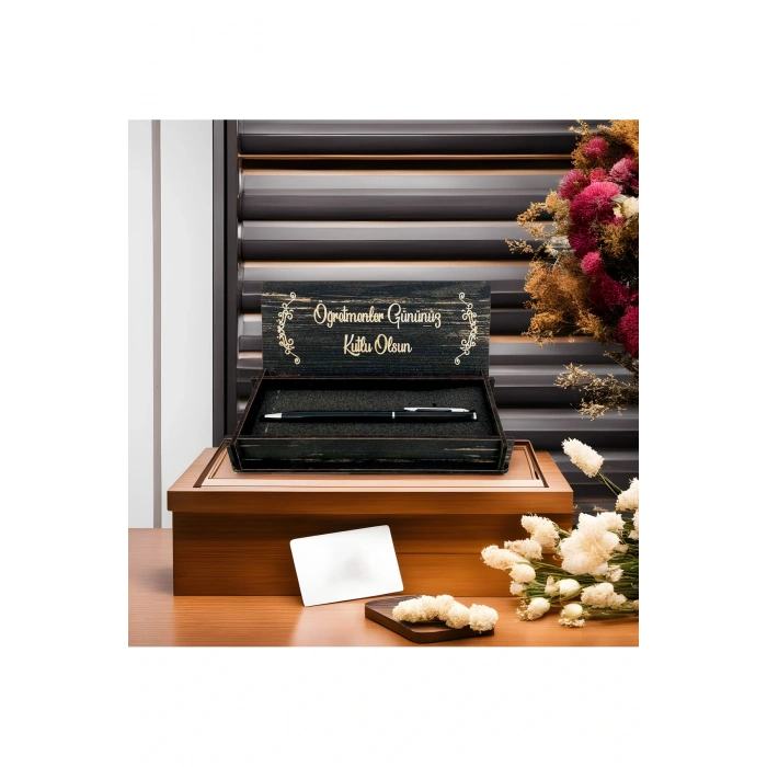 Öğretmenler Günü Tasarımlı Ahşap Kalem Kutusu - Siyah