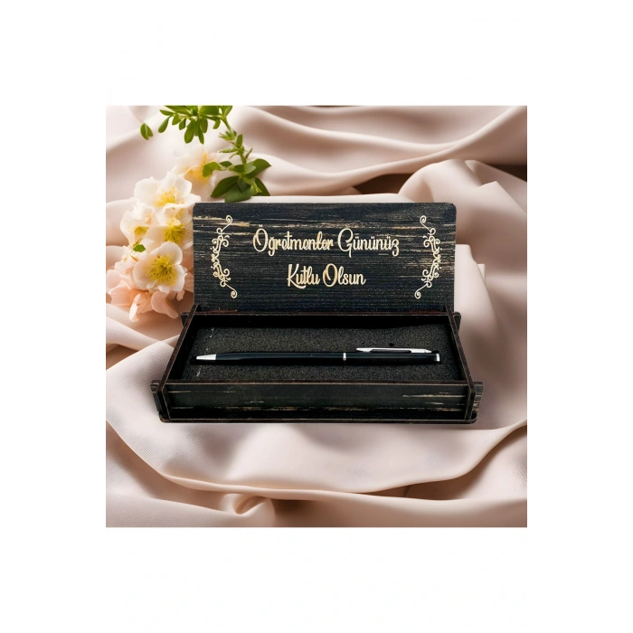 Öğretmenler Günü Tasarımlı Ahşap Kalem Kutusu - Siyah