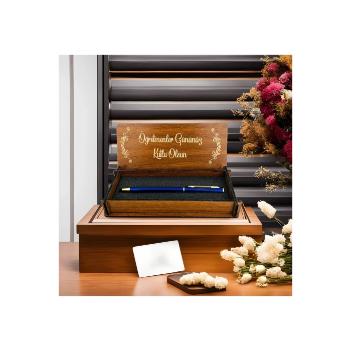 Öğretmenler Günü Tasarımlı Metal Kalem ve Ahşap Kutu
